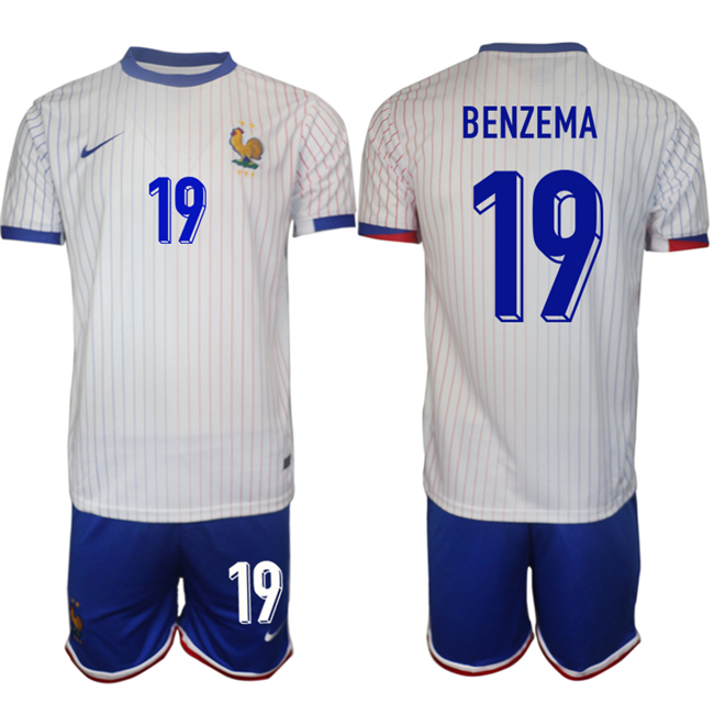 Men's France #19 Karim Benzema White 2024-25 Away Soccer Jersey Suit